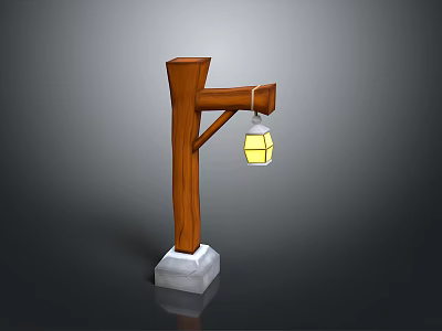 Wooden Street Lamp Furniture With Hanging Yellow Lantern And Concrete Base 3d model