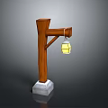 Wooden Street Lamp Furniture With Hanging Yellow Lantern And Concrete Base