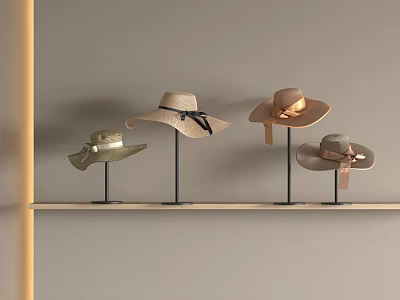 Stylish Straw Hats In Beige And Light Brown Displayed On Wooden Shelf 3d model