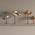 Stylish Straw Hats In Beige And Light Brown Displayed On Wooden Shelf