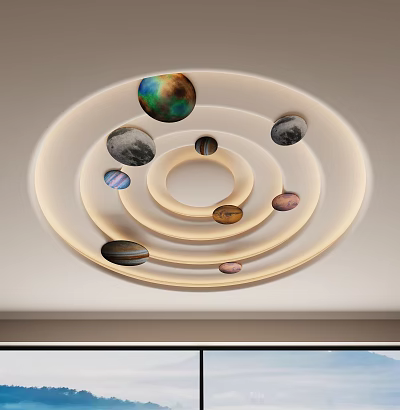 Decorative Multi Layered Ceiling Design with Colorful Hanging Planets and Circular Patterns 3d model
