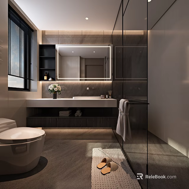 Modern Bathroom Interior Featuring Vanity Mirror Glass Partition And Decor 3d model 