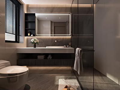 Modern Bathroom Interior Featuring Vanity Mirror Glass Partition And Decor 3d model