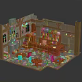 Cozy Café Interior With Stone Walls Staircase Tables Wooden Barrels Bookshelf And Colorful Chairs