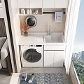 Modern Bathroom Cabinet With White Countertop Sink Faucet Washing Machine And Round Mirror