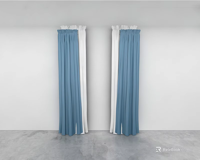 Blue And White Pleated Curtains In Modern Interior With Gray Floor And White Walls 3d model 