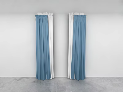 Blue And White Pleated Curtains In Modern Interior With Gray Floor And White Walls 3d model