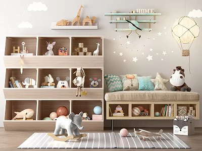 Kids Room Wooden Wardrobe with Multi Layer Storage and Stuffed Toys Star Decor 3d model