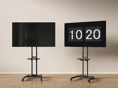Two Black Large Screen TVs on Wheeled Stands Displaying 10 20 in Room 3d model