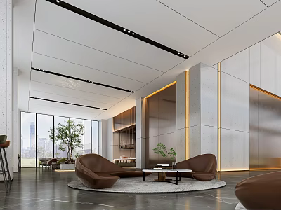 Modern Hotel Lobby Interior With Brown Sofas Round Coffee Table And Floor To Ceiling Windows 3d model