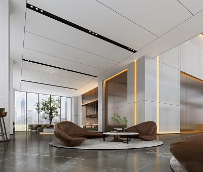 Modern Hotel Lobby Interior With Brown Sofas Round Coffee Table And Floor To Ceiling Windows 3d model