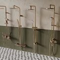 Brushed Gold Wall Mounted Shower Fixtures In Modern Bathroom With Green Tiles