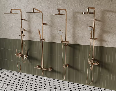 Brushed Gold Wall Mounted Shower Fixtures In Modern Bathroom With Green Tiles 3d model