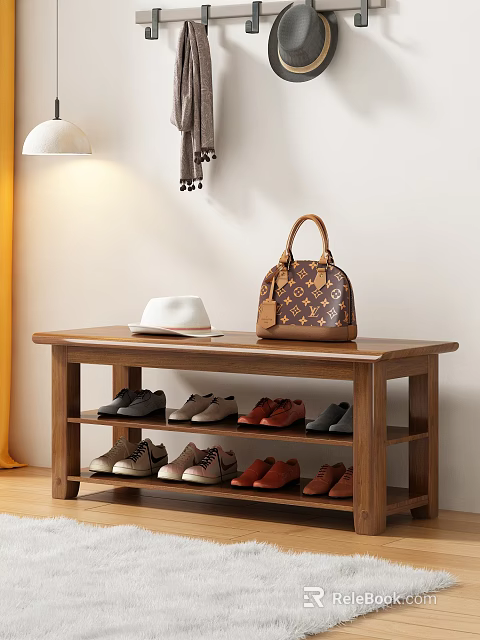 Wooden Shoe Cabinet Featuring White Hat Brown Patterned Handbag Top and Colorful Shoes Shelves 3d model 