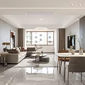 Minimalist Living and Dining Room With White Sofa Round Coffee Table Circular Chandelier Decorative Painting