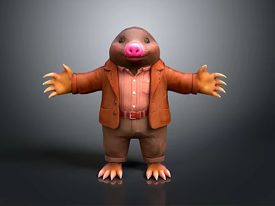 Cute Mole Cartoon Character In Brown Jacket Striped Shirt With Pink Nose And Open Arms 3d model