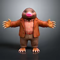 Cute Mole Cartoon Character In Brown Jacket Striped Shirt With Pink Nose And Open Arms