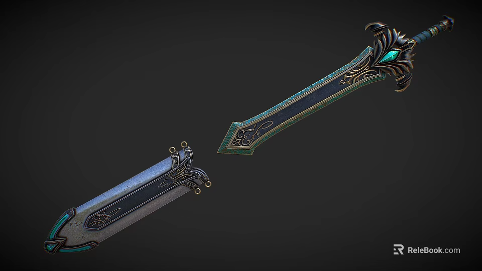 Ornate Decorative Sword with Blue Gemstone Accents Intricate Carvings and Metallic Finish 3d model 