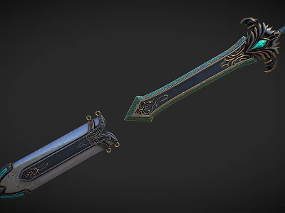 Ornate Decorative Sword with Blue Gemstone Accents Intricate Carvings and Metallic Finish 3d model