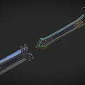 Ornate Decorative Sword with Blue Gemstone Accents Intricate Carvings and Metallic Finish