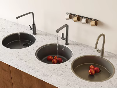 Three Kitchen Sinks With Faucets Red Apples On Light Colored Countertop And Wooden Cabinets 3d model