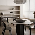 Modern Restaurant Interior With White Cabinets Pendant Light Round Dining Table Chairs And Decorative Statue