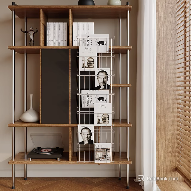 Wooden Bookshelf With Metal Frame Holding Books Magazines Vase And Record Player 3d model 