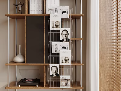 Wooden Bookshelf With Metal Frame Holding Books Magazines Vase And Record Player 3d model
