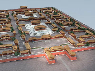 Traditional Ancient Architecture With Symmetrical Layout Yellow Roofs And Red Walls 3d model