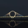 Night View Of Circular Structure Bridge With Illuminated Lights And Water Reflection 3d model