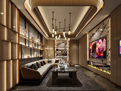 Elegant KTV Room Interior Featuring Comfortable Sofa TV Screen Coffee Table Chandelier And Wooden Decor 3d model