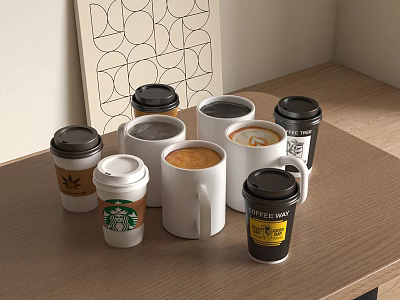 Assorted Coffee Cups With Lids Including Starbucks Design On Wooden Table 3d model
