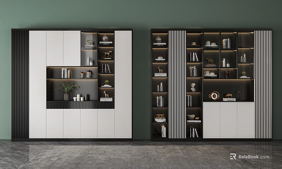 Modern Bookcase Interior Design With Open Shelves Storage And Decorative Items 3d model