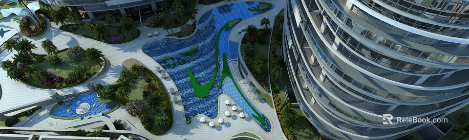 Garden Landscape Design With Blue Winding Pool Palm Trees Greenery Seating Areas And Modern Buildings 3d model 