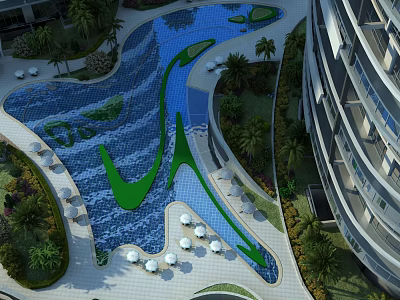 Garden Landscape Design With Blue Winding Pool Palm Trees Greenery Seating Areas And Modern Buildings 3d model
