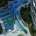 Garden Landscape Design With Blue Winding Pool Palm Trees Greenery Seating Areas And Modern Buildings
