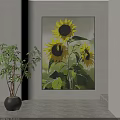Vibrant Sunflower Plant Painting With Green Leaves Hanging on Wall And Green Plant Beside