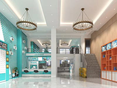 Modern Lobby Interior With Chandeliers Turquoise Walls Staircase And Bookshelves 3d model