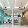 Modern Lobby Interior With Chandeliers Turquoise Walls Staircase And Bookshelves