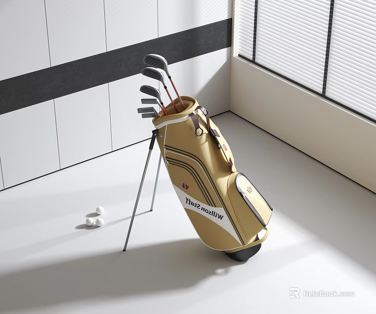 Golf Sports Equipment With Standing Bag Clubs And White Balls Indoor 3d model 