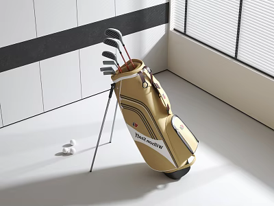 Golf Sports Equipment With Standing Bag Clubs And White Balls Indoor 3d model