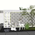 White Hollow Design Feature Wall With White Deer Statue Small Tree And Green Plants