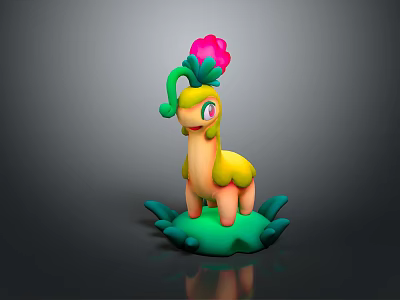 3D Floral Creature Character With Pink Flower Green Stem And Yellow Pink Body On Green Base 3d model