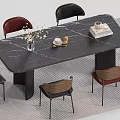 Modern Style Dining Table Set with Black Marble Top Multicolor Chairs and Decorative Items 3d model