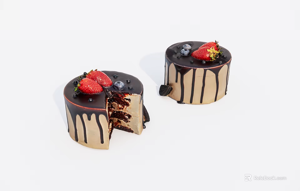 Delicious Layered Chocolate Cake With Cut Slice Strawberries Blueberries And Chocolate Drizzle 3d model 