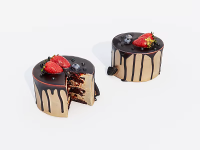 Delicious Layered Chocolate Cake With Cut Slice Strawberries Blueberries And Chocolate Drizzle 3d model