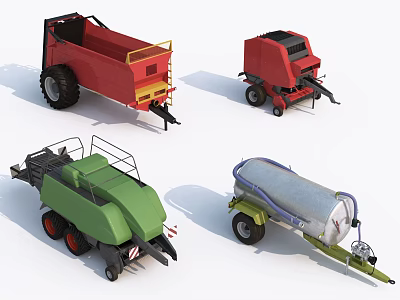 Agricultural Utility Vehicles With Red Green Silver Trailers Rails Pipes And Farming Equipment 3d model