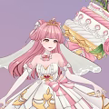 Woman With Pink Hair And Cake Headpiece In Elegant White Pink Dress