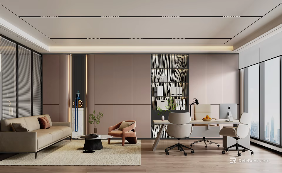 Modern Office Interior With Sofa Armchair Desk Computer Plants Slatted Partition And Cabinets 3d model 