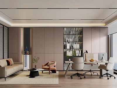 Modern Office Interior With Sofa Armchair Desk Computer Plants Slatted Partition And Cabinets 3d model
